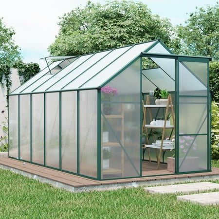 Aurlrtil 12 x6 Polycarbonate Greenhouse Large Aluminum Walk-in Green House With 2 adjustable roof windows Green
