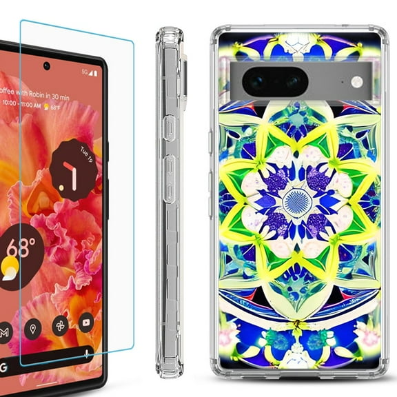 OneToughShield ® for Google Pixel 7a Shockproof Bumper Phone Case, with Tempered Glass Screen Protector - Mandalas Color