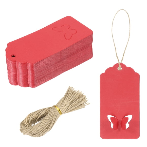 100 Pcs Étiquettes Cadeaux en Papier Kraft avec Ficelle, Étiquettes Cadeaux en Forme de Vague 3,5 x 1,6 Pouces Rouge Vif
