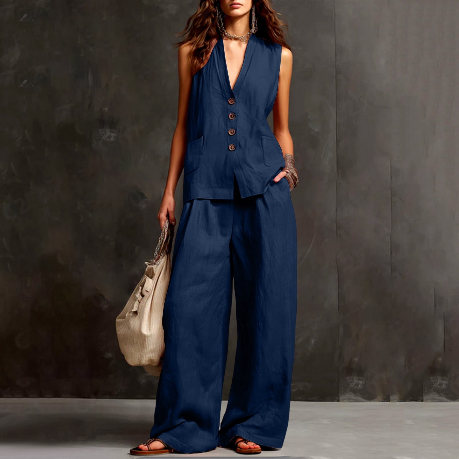Women's Summer 2 Piece Lounge Set Dressy Sleeveless Button Down V Neck Top & Wide Leg Pants Office Travel Outfits