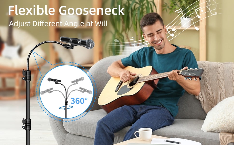 Four legged Hose Microphone floor stand Stand. from 24" to 67"Extendable Height with Adjustable Angle. Comes with a storage bag for easy carrying and 2 Mic Clips.for Singing Performance and Podcast