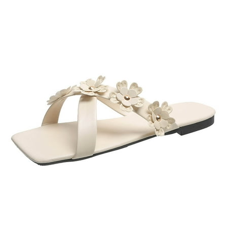 

Rdeuod Womens Shoes Women S Flowers Casual Vacation Open Toe Decorative Solid Flat Beach Sandals Women