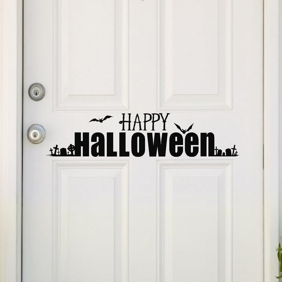 Happy Halloween with Graveyard Vinyl Lettering Wall Decal Sticker Halloween Bats Stickers Tombstone Decals - Size: 5"H x 22"L - Color: Black