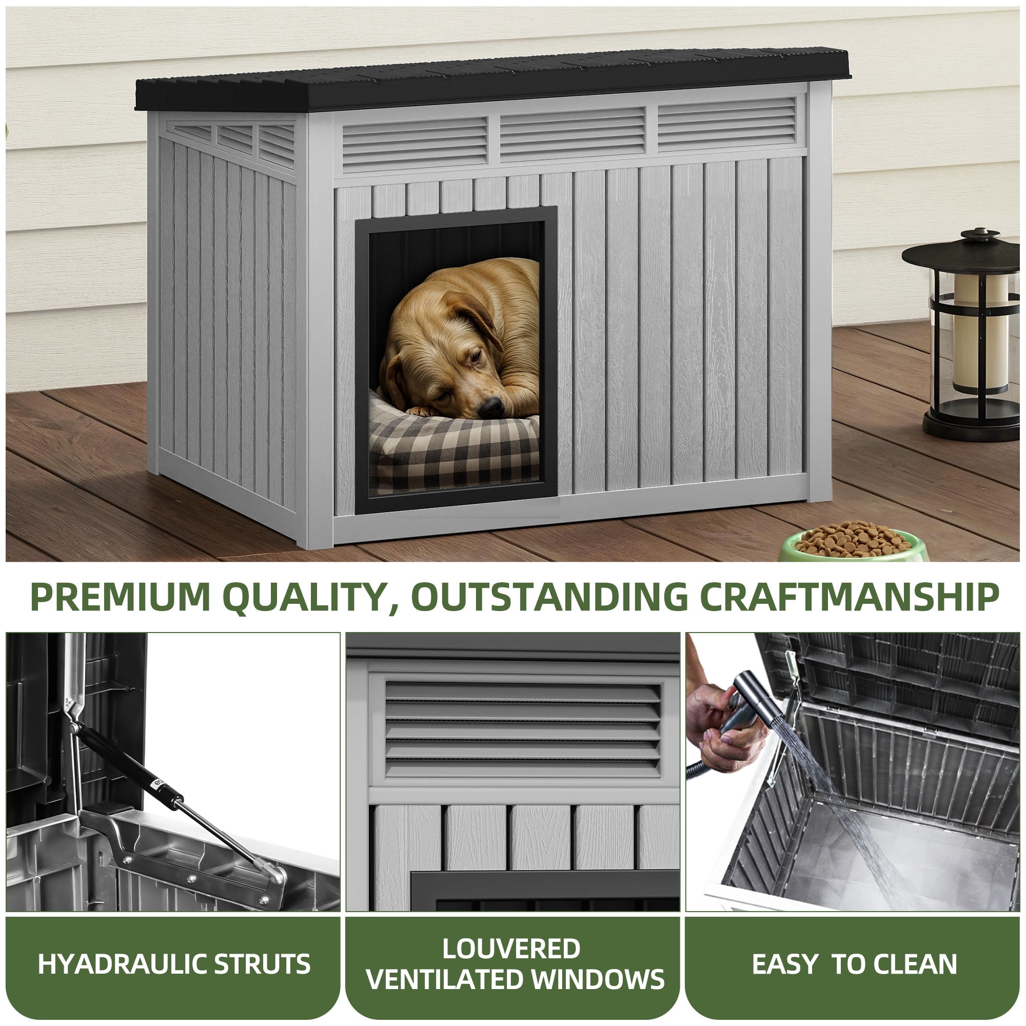 Uforic 32" Plastic Dog House, Outdoor Indoor Dog Kennel with Liftable Roof & Good Ventilation for Medium Dogs, Gray
