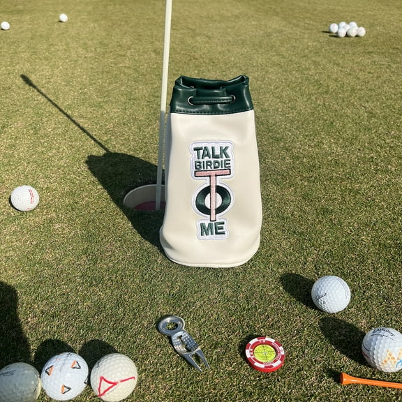 PINKTEE Golf Valuables Pouch Ball Sack with Drawstrings Leather Bucket Waist Design Golf Tee Pouch Golf Bag (TALK BIRDIE TO ME)