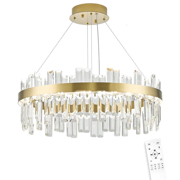 Modern Glod Crystal Chandeliers for Dining Room, LED 3 Color Temperature/Dimmable Pendant Ceiling Light with Remote, Height Adjustable Hanging Pendant Light Fixtures for Kitchen, Living Room