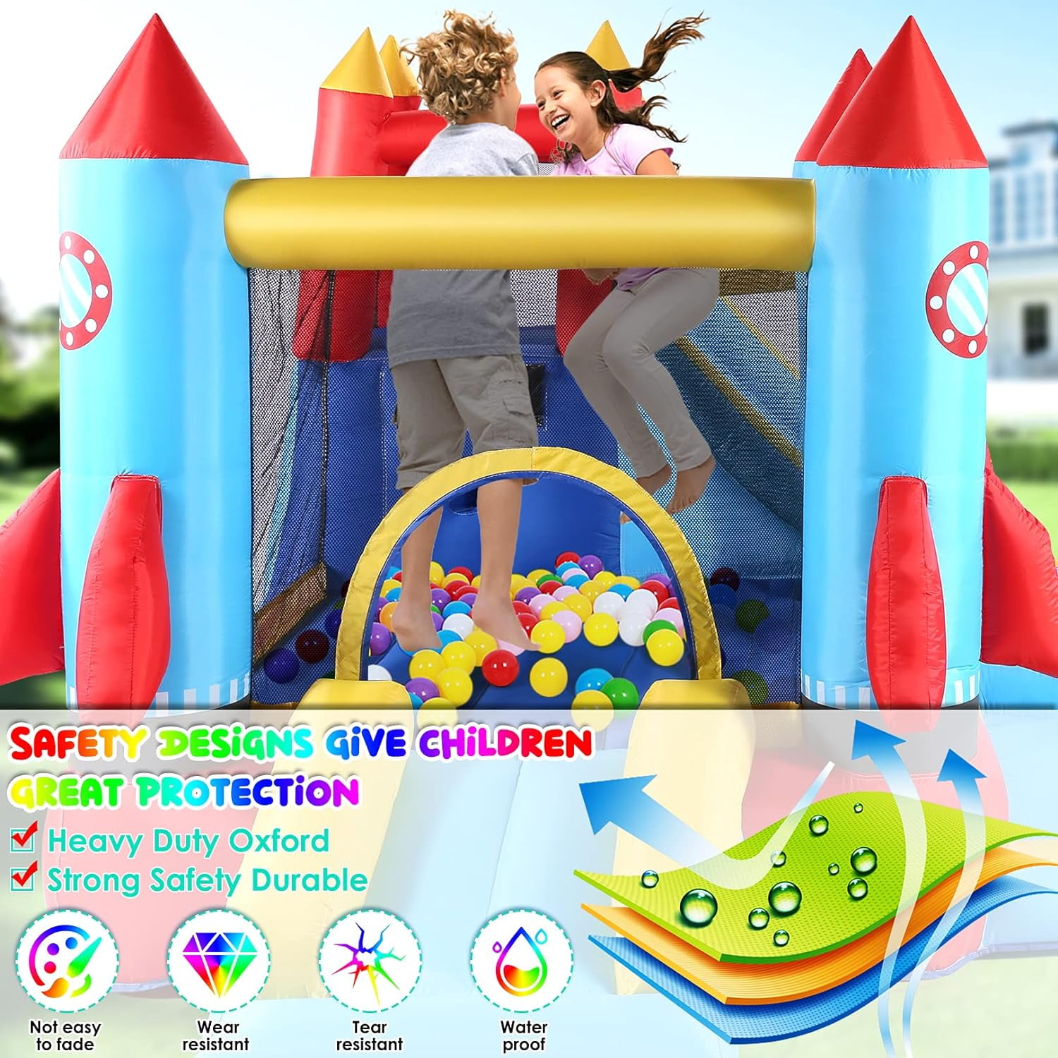 Veeboto Bounce House with Blower, Inflatable Water Slide with Climbing Wall, Pool/Ball Pit, Double Slide and Bouncing Area, 5-in-1 Indoor/Outdoor Bouncy Castle for both Dry and Wet, Durable PVC