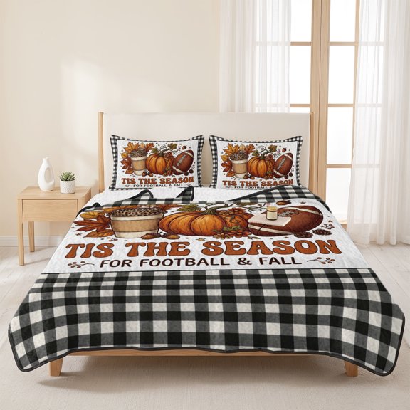 3 Pieces Queen Quilt Set,Thanksgiving Pumpkin Maple Leaf Football Soft Bedding Sets with 1 Quilt & 2 Pillow Shams,Black White Plaid Summer Bedspread Lightweight Coverlet Comforter