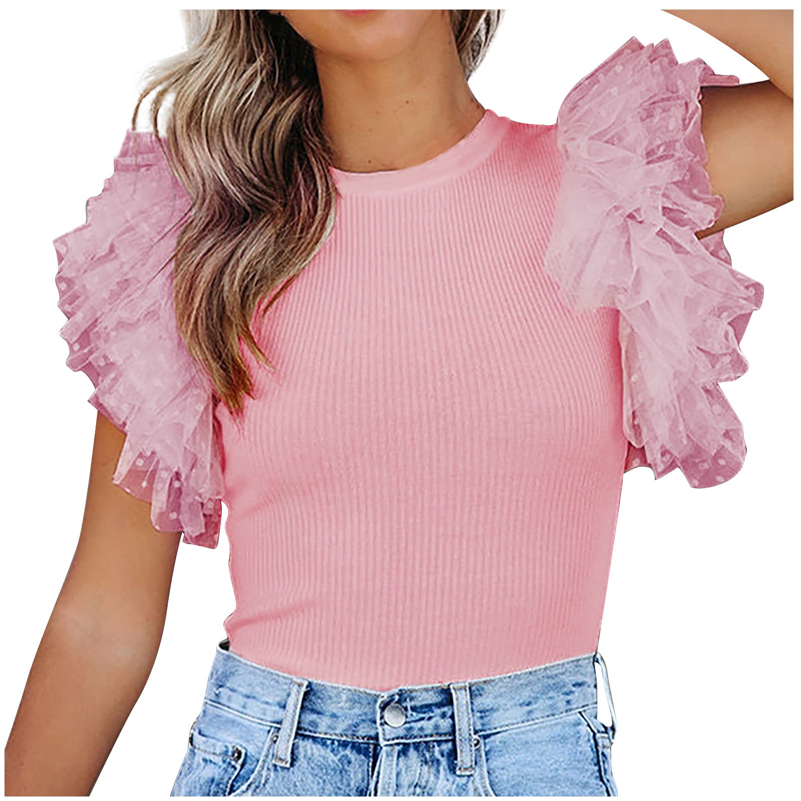 YYDGH Women's Layered Ruffle Mesh Fly Sleeve Tops Round Neck Solid Color  Ribbed Slim Fit Blouse Tee Pink S