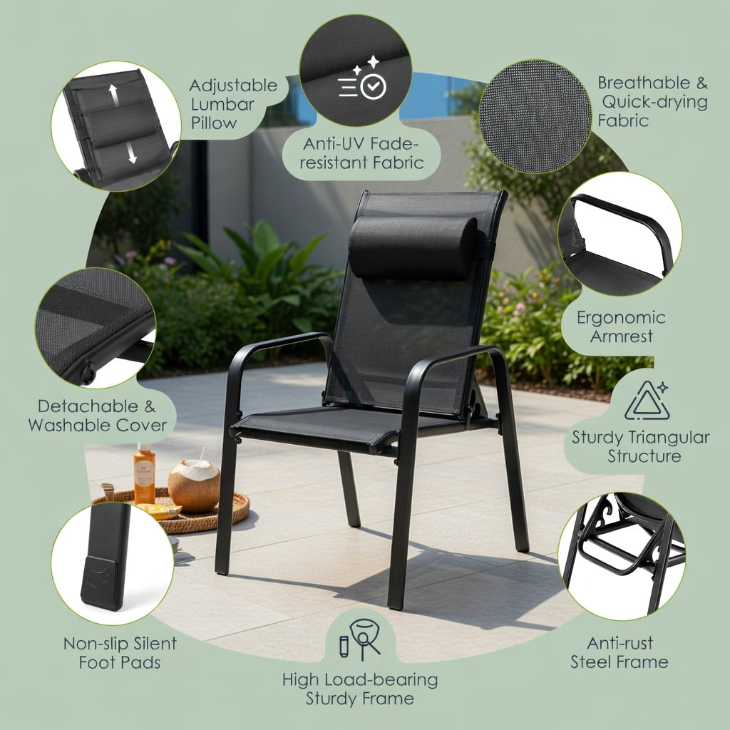 Hommoo 3-Piece Outdoor Bistro Set, Stackable Steel Chairs with Adjustable Backrest & Tempered Glass Table for Patio, Balcony, Porch, Black