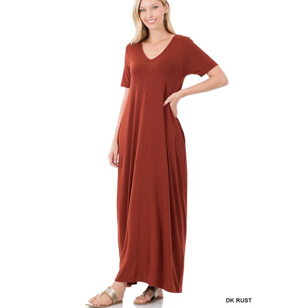 Zenana Women & Plus Relaxed Fit V-Neck Short Sleeve Full Length Maxi ...