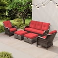 thumbnail image 6 of Meetleisure 5 Piece Wicker Patio Furniture Set, Rattan Chairs with 3-Seater Sofa, Ottomans, High Back, Deep Seating, Wide Armrest, Thick Cushions for Deck Porch, Red, 6 of 9