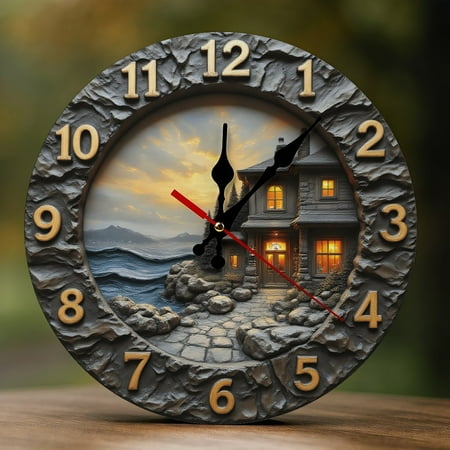 Wall Clock Decorative - Rustic Sunset Cottage Print 2D Vintage Wall Clocks Battery Operated Silent Non-Ticking for Bedroom, Living Room, Kitchen, Office, Classroom, 10 Inch