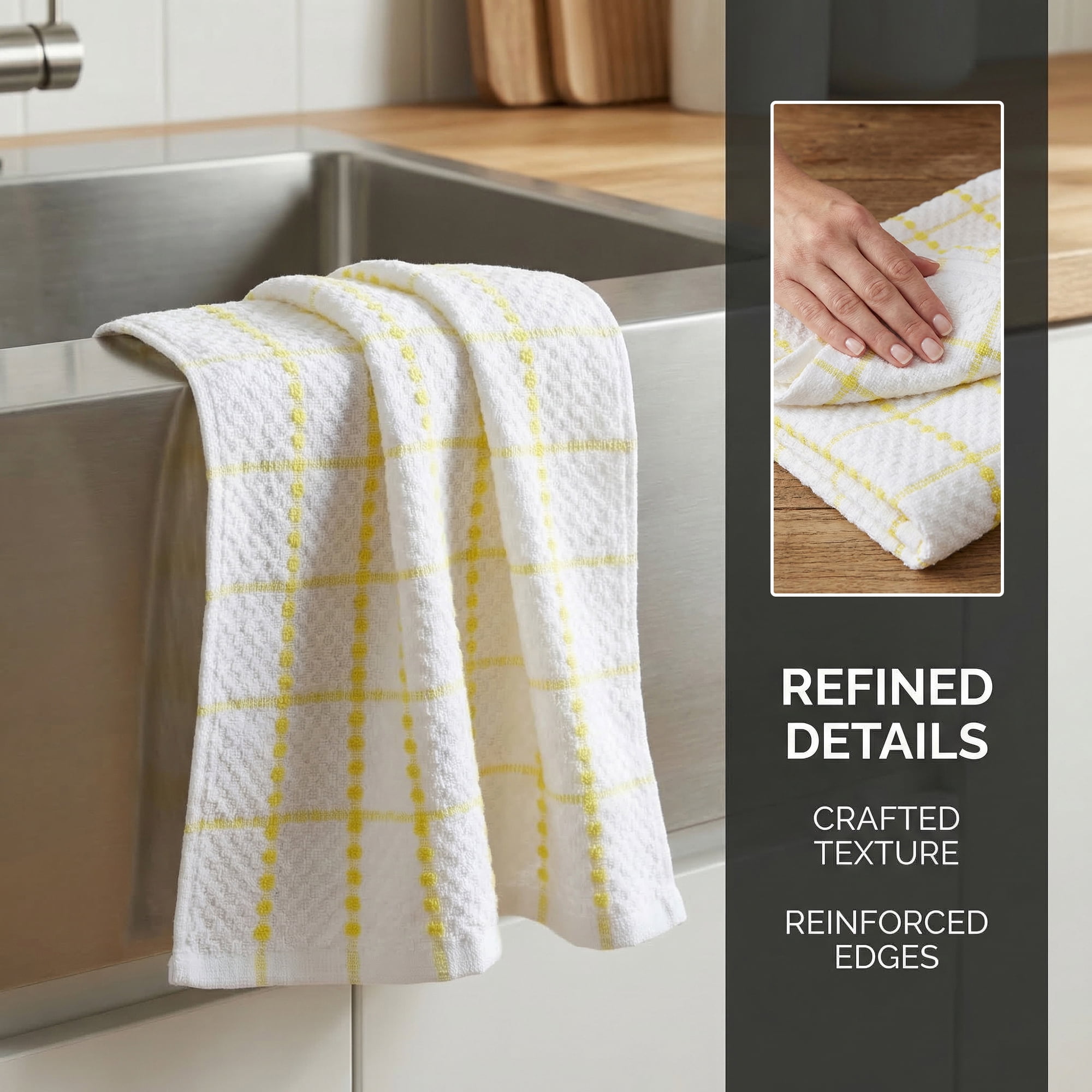 Unique Bargains 4 Pack Kitchen Towels Plaid 100% Cotton Quick Dry Yellow/Green 25" x 15"