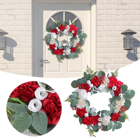 GeBuSn 15.75inch Red & White Floral Wreath Door Hanger Dried Flower For Holidays & Hotel