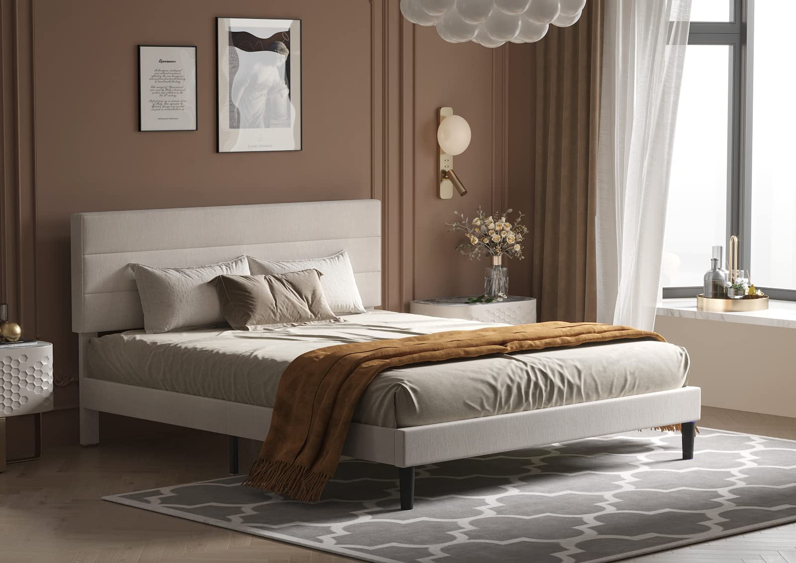 BONSOIR FULL Size Bed Frame Modern Horizontal Panel Upholstered Low Profile Platform with Tufted Headboard/No Box Spring Needed/No Bed Skirt Needed/Linen Fabric Upholstery/Beige (Full Size)