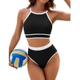 thumbnail image 5 of Womens Halter High Waisted Bikini Sets Color Block Sporty Swimsuit Two Piece High Cut Bathing Suit 2024, 5 of 10