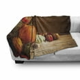 thumbnail image 3 of Autumn Pumpkin Soft Flannel Fleece Throw Blanket, Rustic Fall Still Life Photo with Fruits Pine Cones and Leaves in Basket, Cozy Plush for Indoor and Outdoor Use, 50" x 60", Multicolor, by Ambesonne, 3 of 6