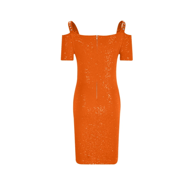 Ryrjj Wedding Guest Dresses for Womens Off Shoulder Sparkle Glitter V Neck Bodycon Ruched Cocktail Party Club Midi Dress(Orange,L)