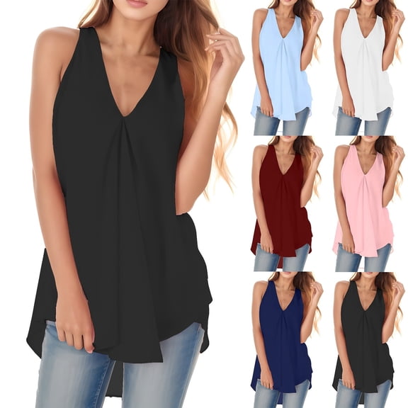 QHWAUAKFBN T Shirts For Women Trendy V Neck Sleeveless Solid Chiffon Loose Tank Flowy Summer Tshirts Top