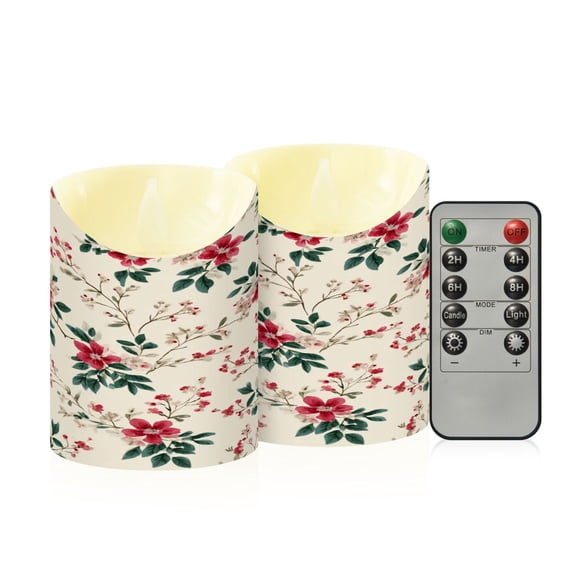 2 PCS Tilted Flameless Candles Flickering LED Lights Battery Operated Candles with Remote Timers for Holiday Decor Red Small Floral Pattern