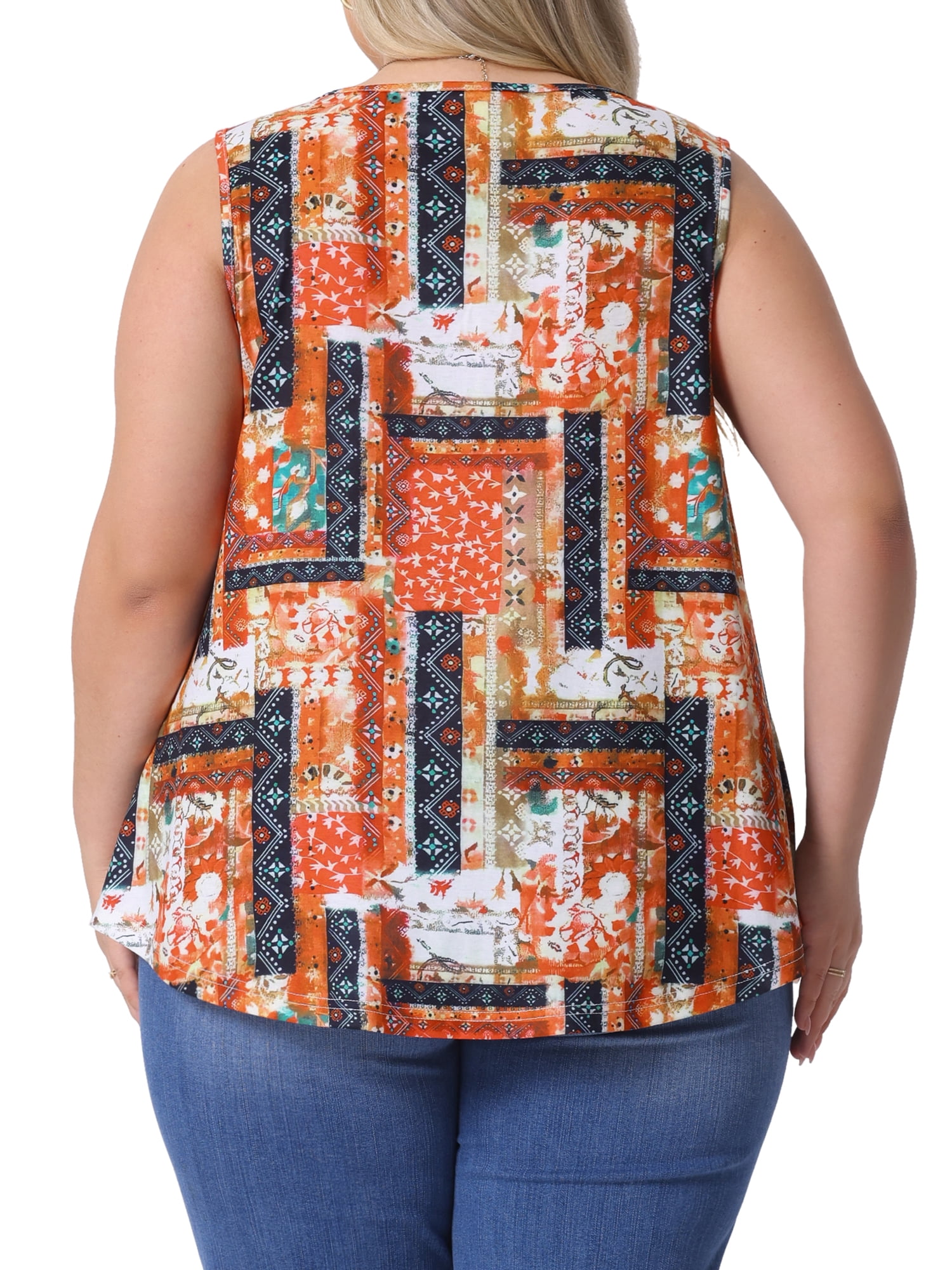 DARING DIVA Women's Plus Crew Neck Boho Pleated Curved Hem Tank Top Blouse 2X Orange