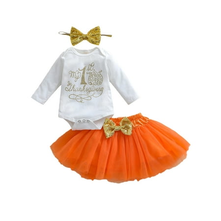

Yinyinxull Newborn Baby Girls My 1st Thanksgiving Clothes Outfits Letter Romper Tulle Skirt Headband Set Orange 12-18 Months