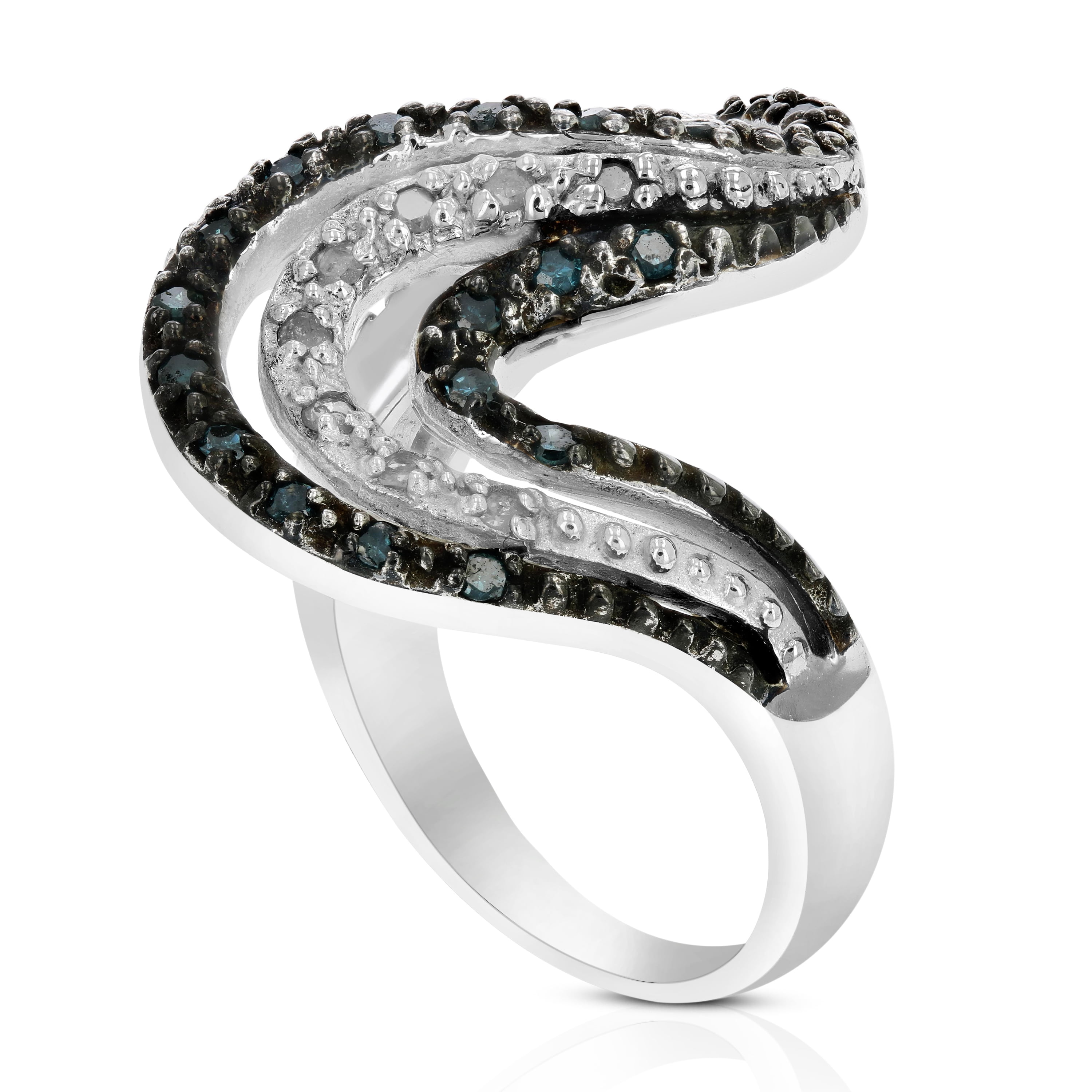 Vir Jewels 0.60 CTTW Blue and White Diamond Wave Ring .925 Sterling Silver with Rhodium Size 6