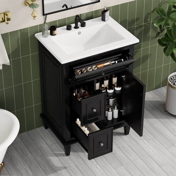 DTTRA 24" Freestanding Bathroom Vanity with Ceramic Sink, 1 Door & 3 Drawers, Black