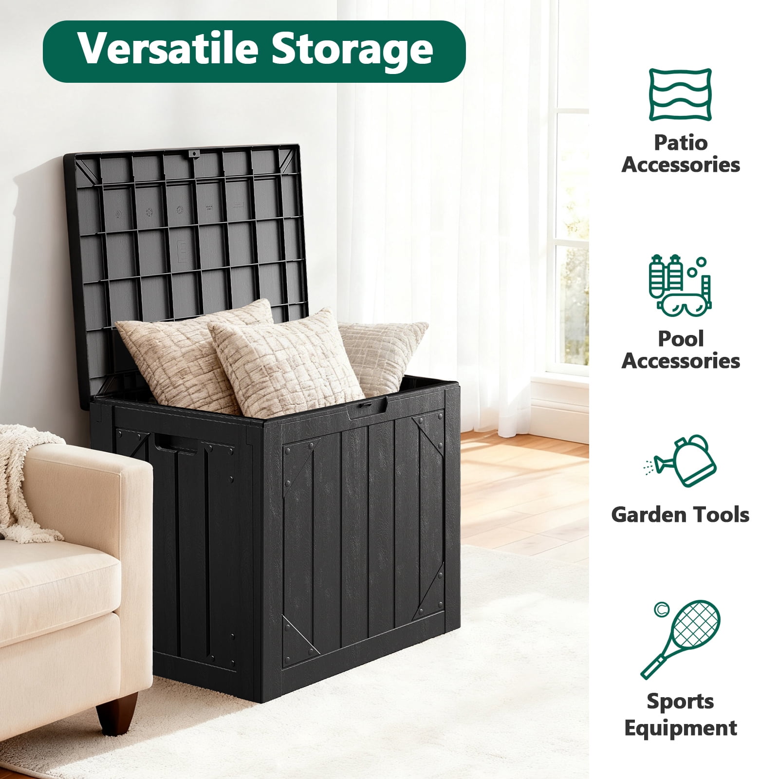 HaiCube 30 Gallon Lockable Resin Deck Box,Waterproof UV Resistant Outdoor Storage Bin with Lid for Patio,Garden & Pool Accessories,Black