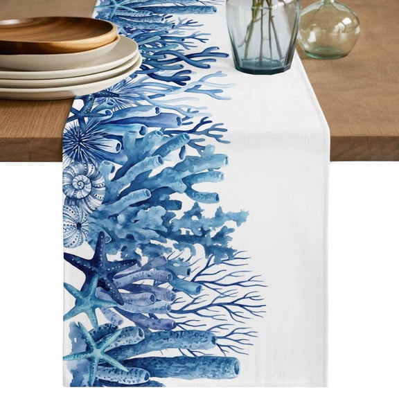 Nautical Coastal Table Runner 36 Inches, Summer Ocean Coral Starfish Conch Blue Bed Runner Dresser Scarves Tabletop for Indoor Outdoor Parties/Ceremony/Banquet, 13"x 36"