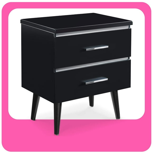 Adore Décor Lennox Mid-Century Side Table 2 Drawers Storage Nightstand, Matte Chrome Handle, Black