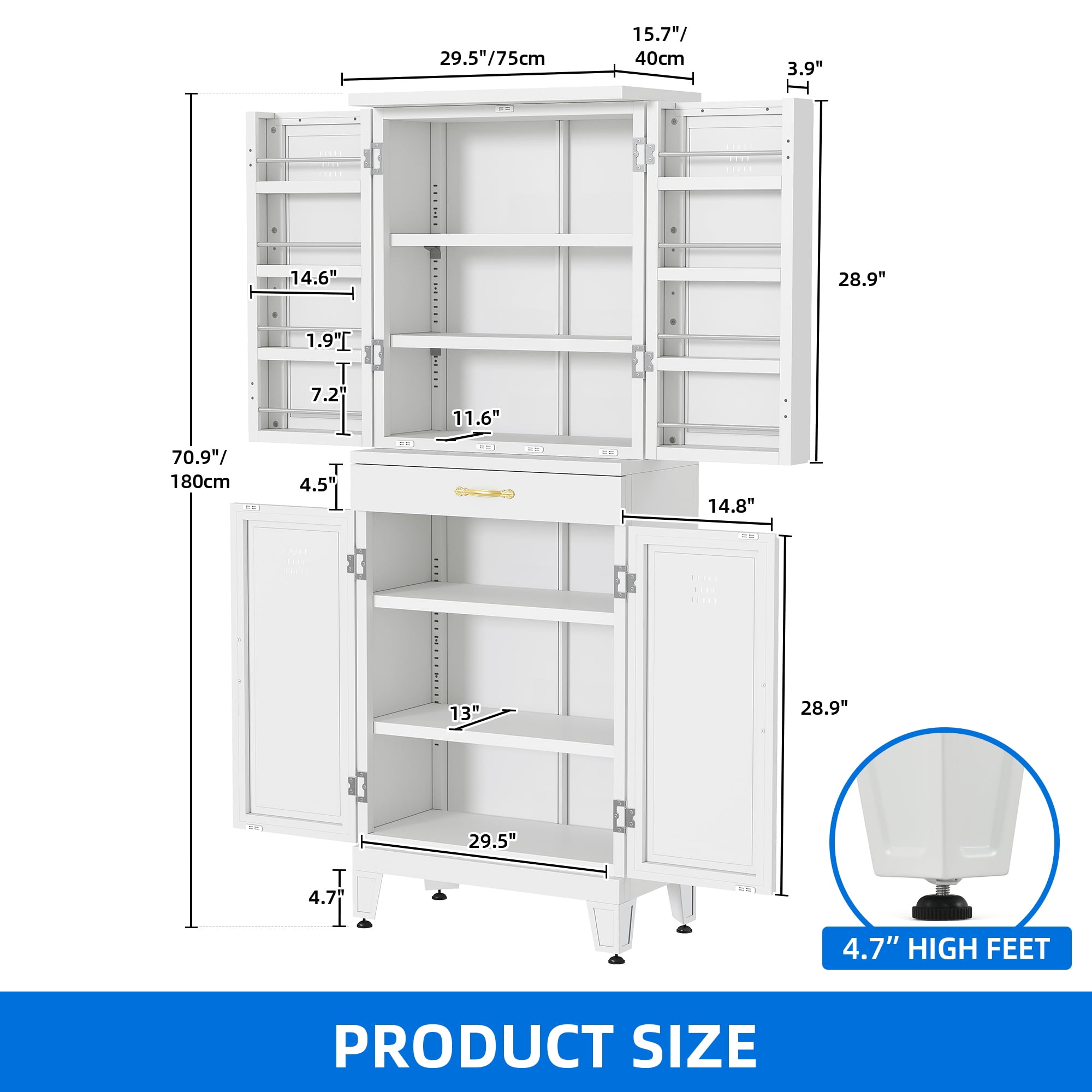 DEXTRUS 70.9"H Pantry Cabinet with Doors & Drawer, Metal Kitchen Storage Cabinet, White