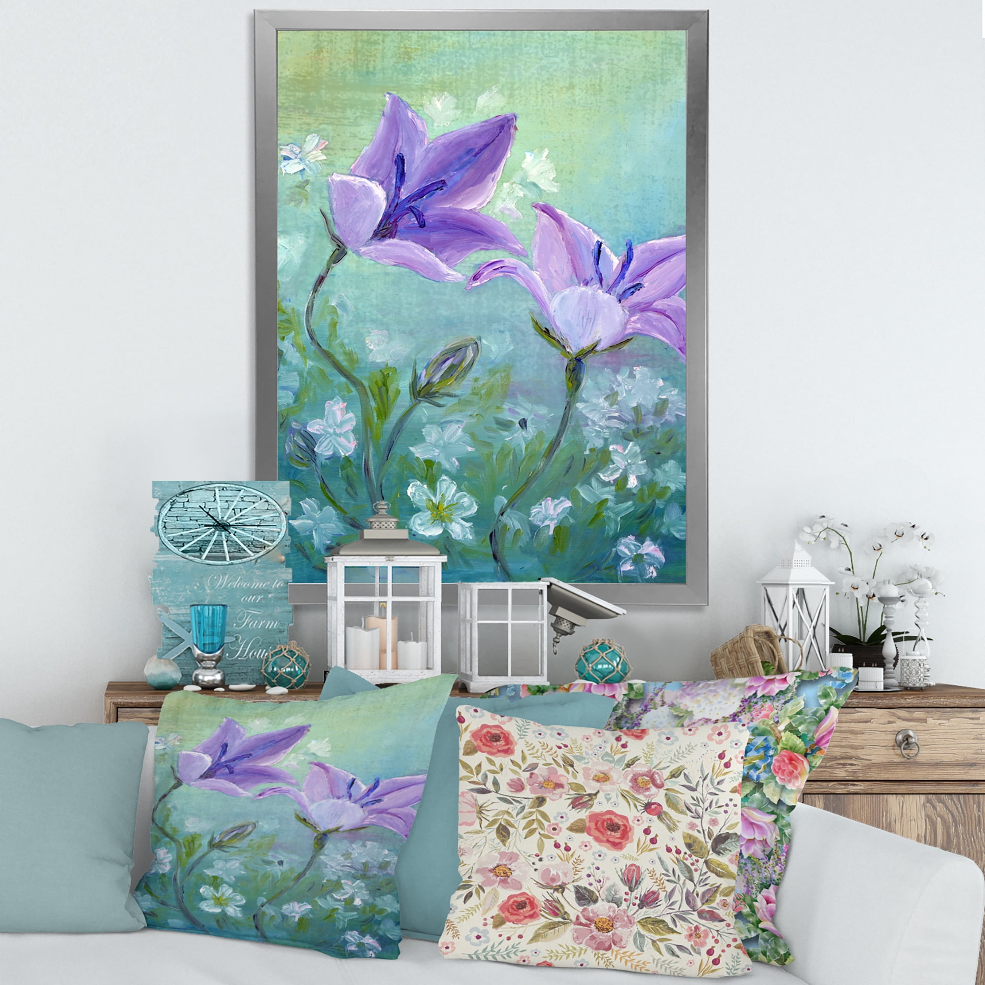 Designart 'Purple Bellflowers Blooming' Traditional Framed Art Print