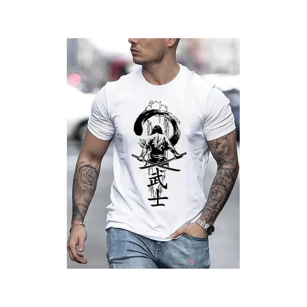 Cotton Short Sleeve T-Shirt Comfy Samurai Print Short Sleeve T-Shirts - Soft, Breathable, Elastic Crew Neck Tops for Mens Outdoor Activities, Casual Wear, and Everyday Comfort - Perfect for Hiking