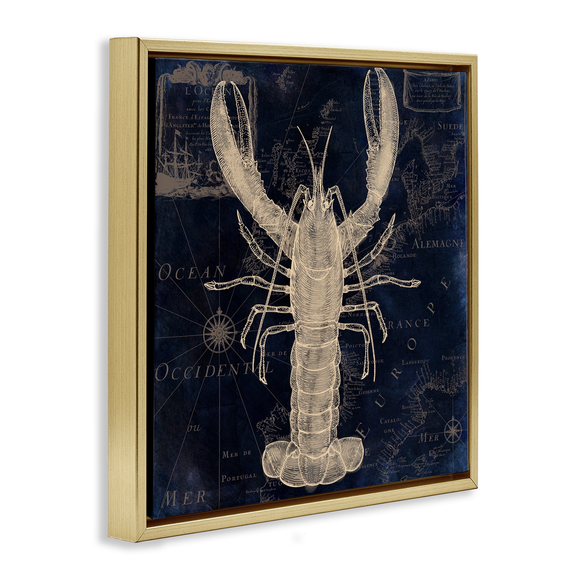 Lobster Contour over Map Gold Framed Floater Canvas Wall Art, design by Sasha