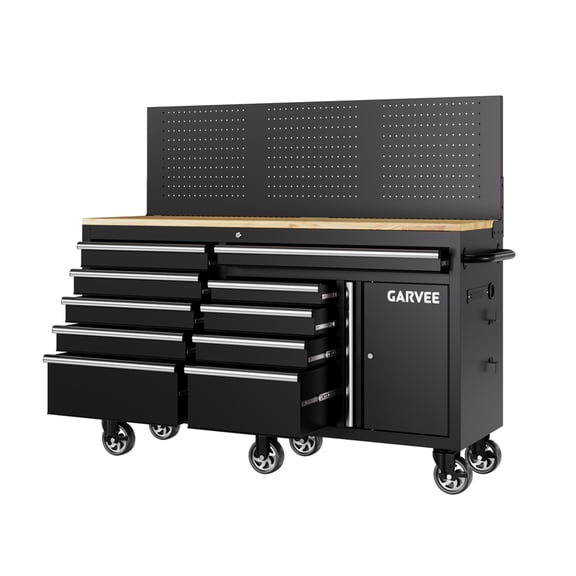 60-Inch Rolling Tool Workbench Chest Cabinet with 10 Drawers, 1 Door, Pegboard, Lock, Charging Station, Rubberwood Top, Mobile Garage Storage Workbench on Wheels 1750 lbs