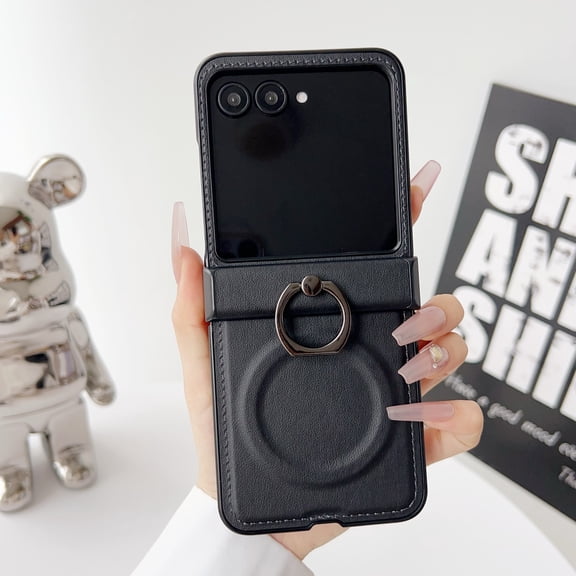 Allytechgroup PU Leather Case for Motorola Razr 2023, Support Wireless Charging Built-in Grip Ring Non-Slip Anti-Scratch Protection Bumper for Motorola Razr 40ultra, Black