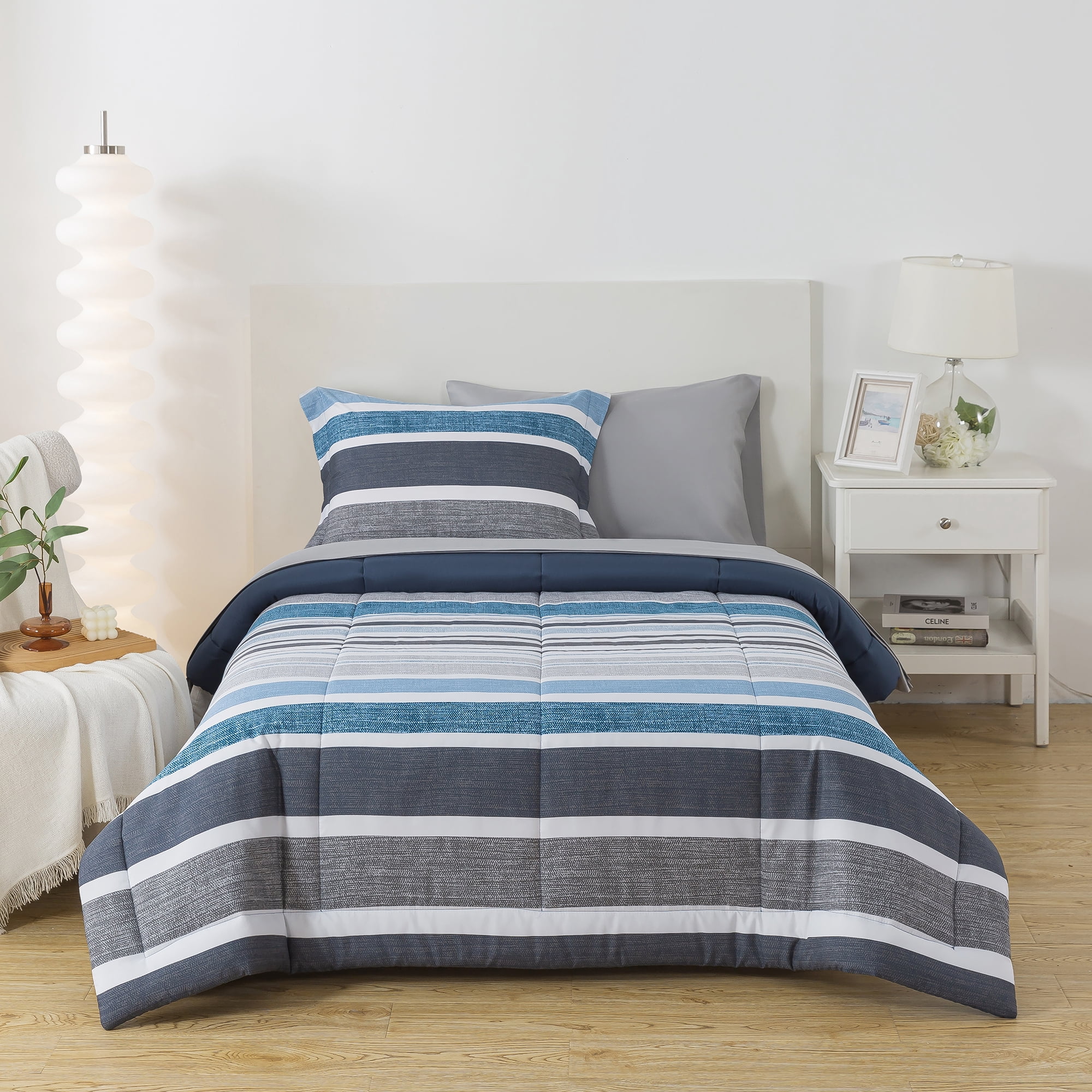 Mainstays 7-Piece Blue Stripe Bed in a Bag, Double