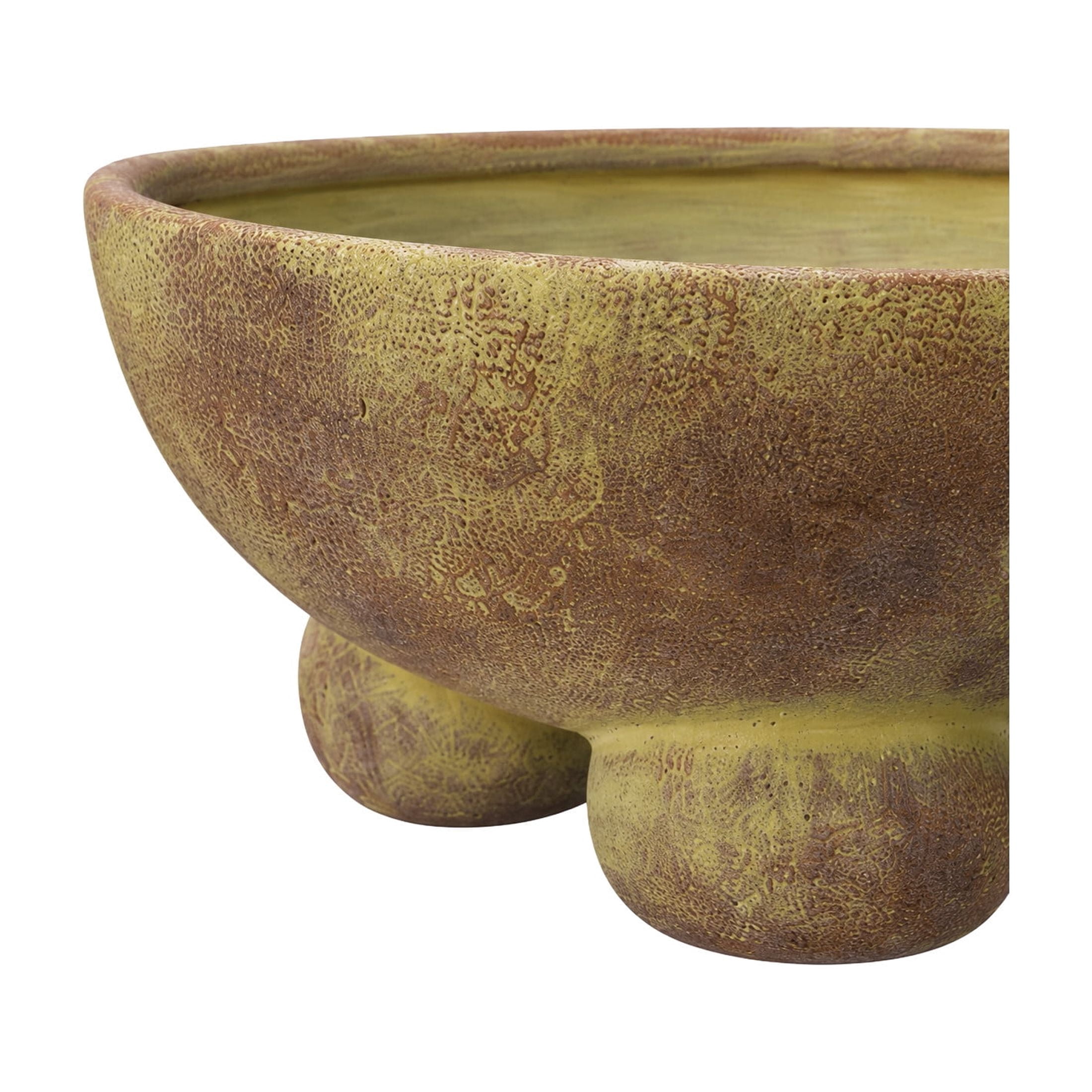 DecMode 11" Round Brown Ceramic Decorative Bowl with Yellow Shadings and Three Round Legs