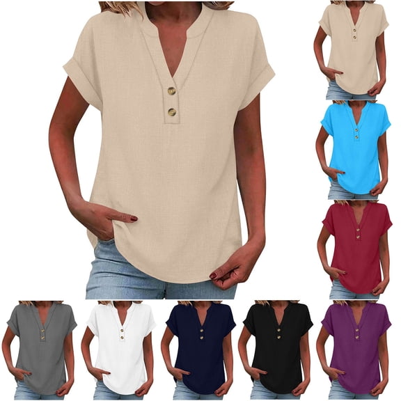 TAGOLD Womens Short Sleeve V-Neck Blouses & Shirts Solid Color Lapel V Neck Linen Tee Top