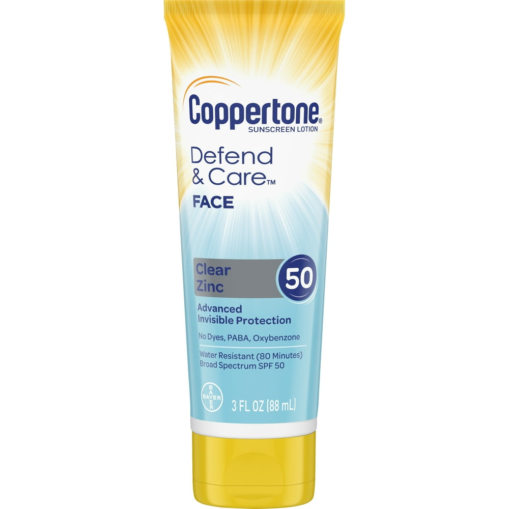 Coppertone Defend & Care Clear Zinc Sunscreen Face Lotion SPF 50 3 oz