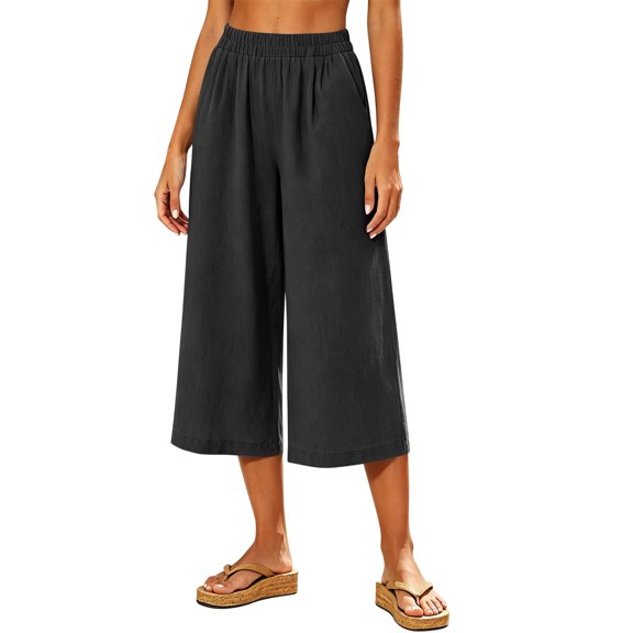 Women's Linen Blend Wide Leg Cropped Pants Elastic Waist Casual Summer Capri Trousers with Pockets Lightweight Breathable Palazzo Lounge Wear for Everyday Comfort