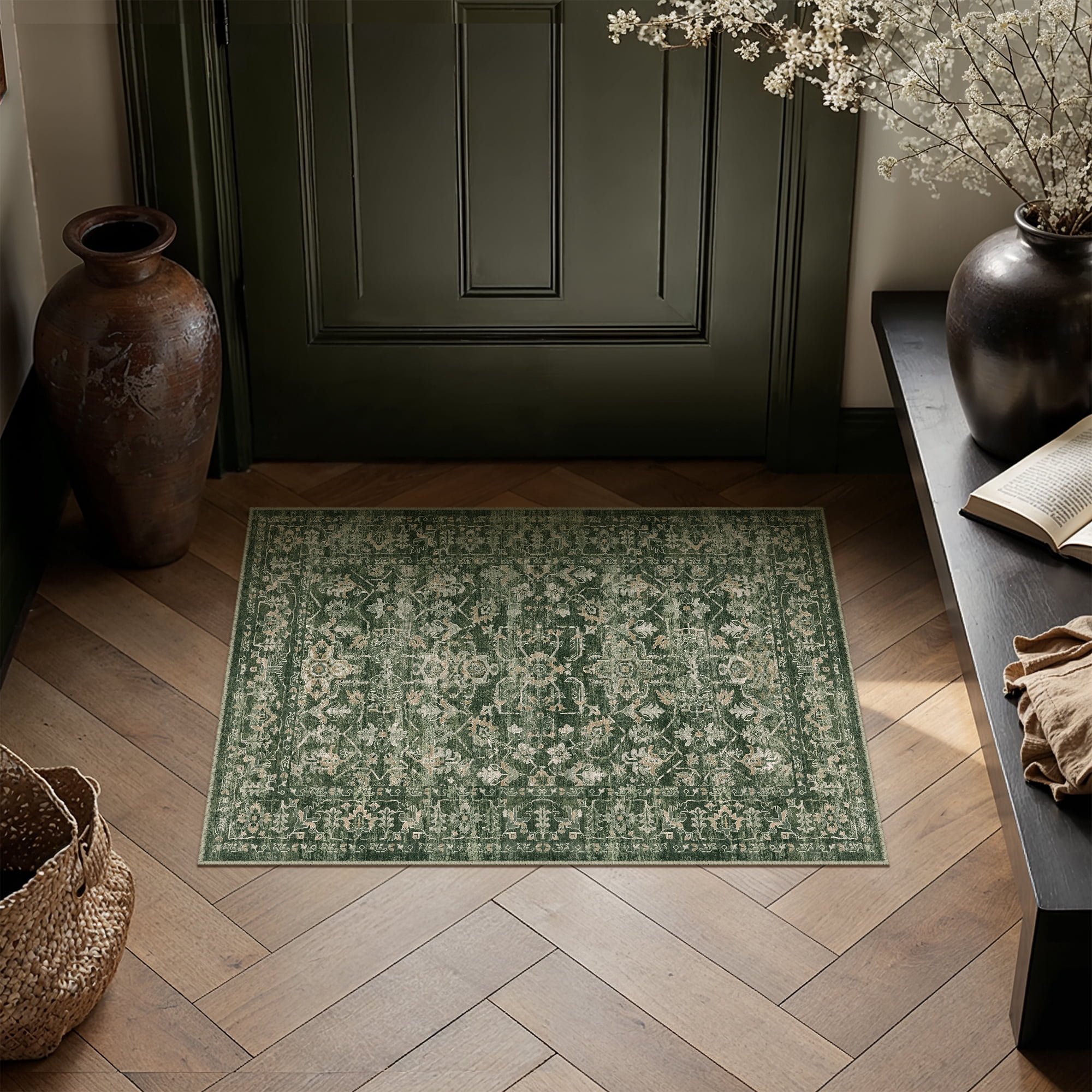 BERTHMEER 2'x3' Small Area Rugs for Entryway Laundry Bathroom Bedroom Entrance Kitchen Dorm Green Non Slip Washable Vintage Traditional Oriental Carpets Distressed Rugs