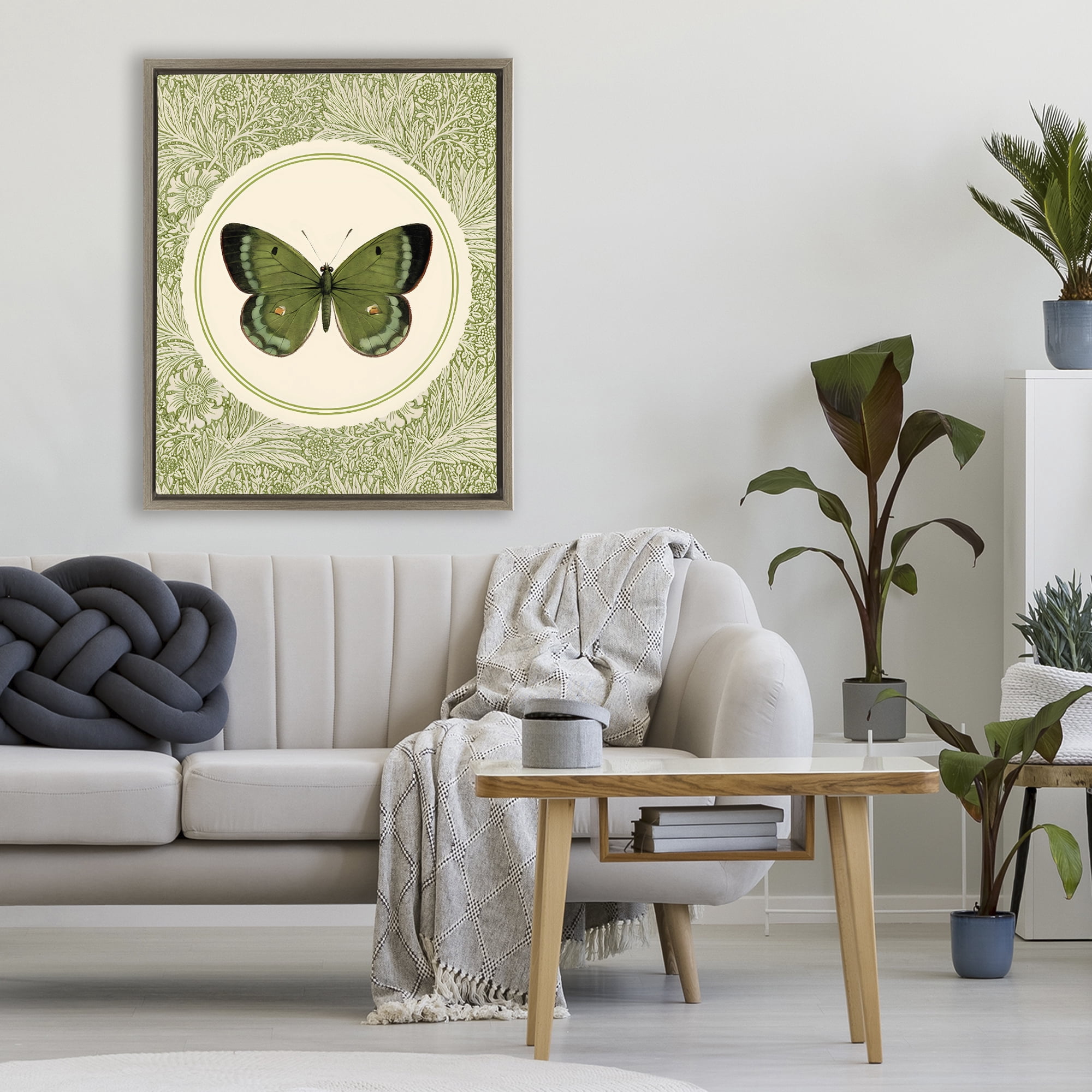 Stupell Industries Green Butterfly Botanical Medallion Brown Framed Floater Canvas Wall Art, design by LSR Design Studio