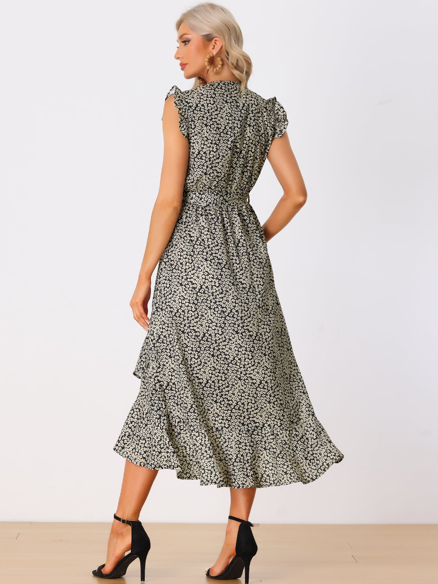 DARING DIVA Wrap Belted Ruffles Floral Midi Sundress XS Black