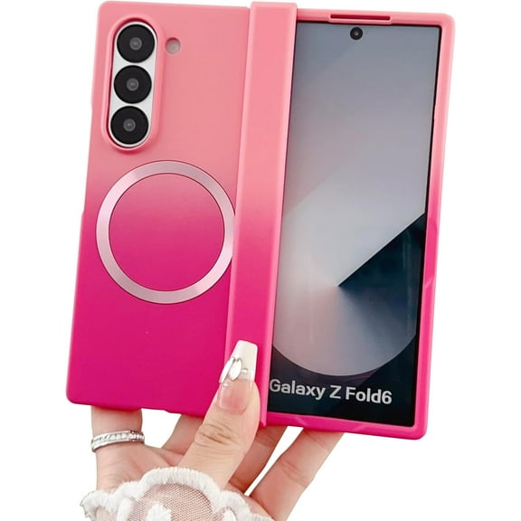 Magnetic Case for Samsung Galaxy Z Fold 5 Case Hinge Protection & Luxury Gradient Desgin, [Compatible with MagSafe] Full Body Anti-Scratch Slim Soft Rubber Shockproof Case, Pink&Rose Red