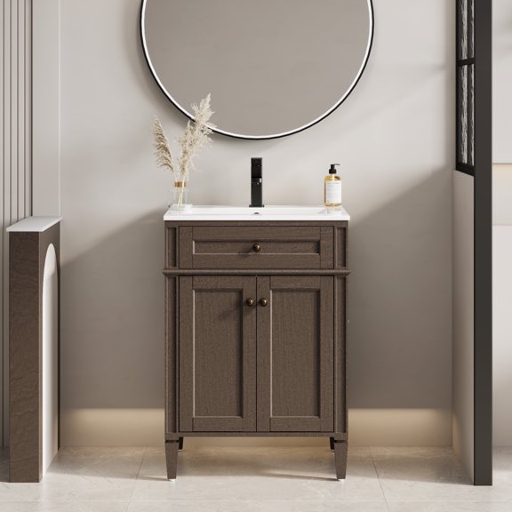 24" Freestanding Bathroom Vanity with Ceramic Sink Top, Faucet, Classic Squared Legs