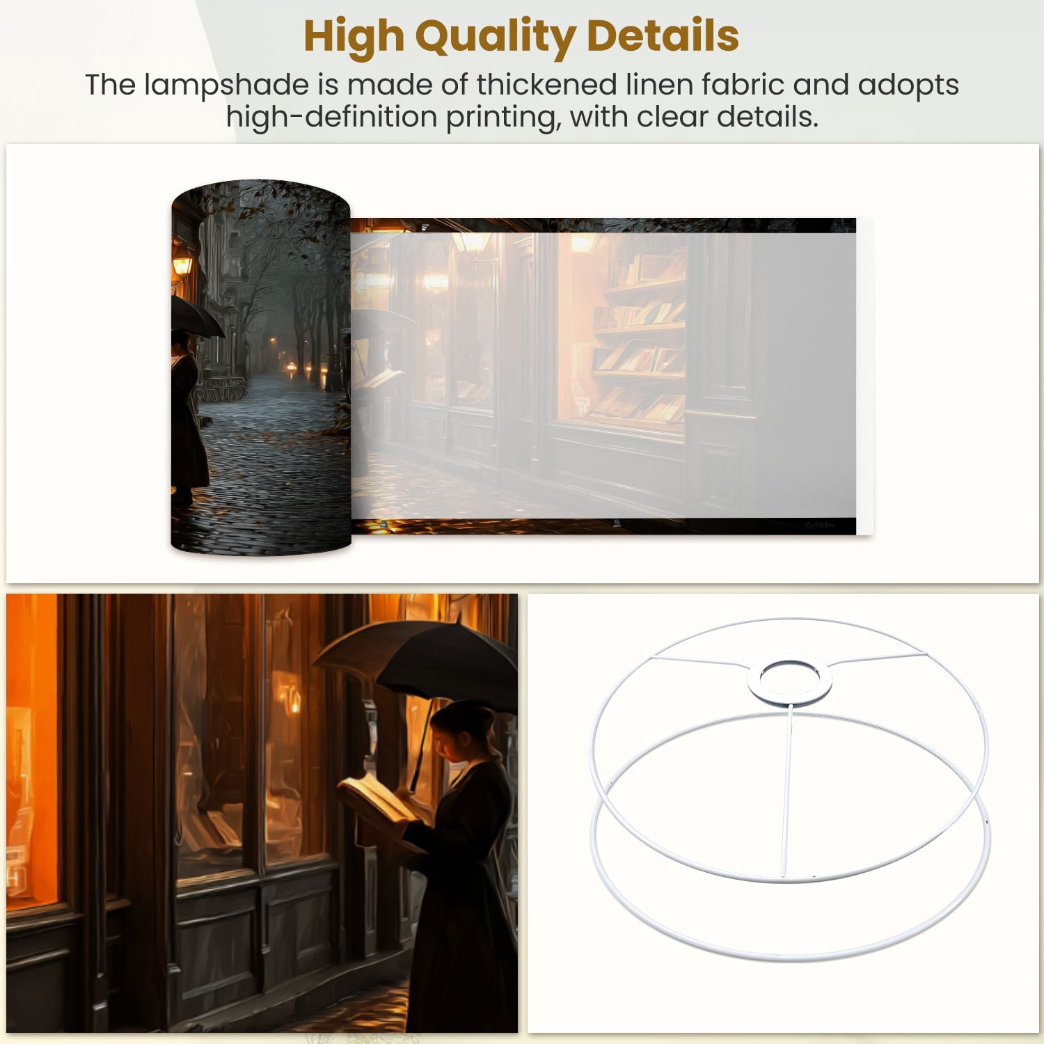 Gothic Linen Drum Lampshades Rainy Evening Street Reading Under Umbrella Warm Lit Bookstore 13"x13"x10" Light Shade for Table Lamps Floor Lamp Shades Lampshade Replacement Assembly Required