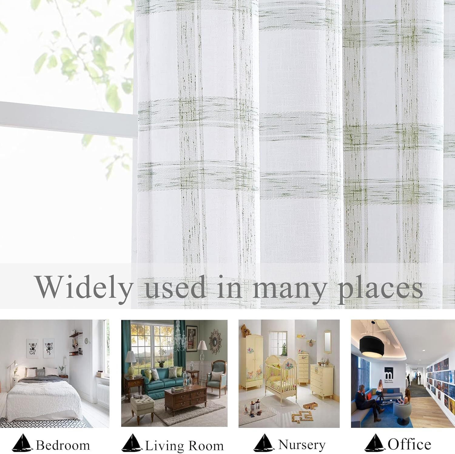 AZZCIA White Sage Plaid Linen Blend Semi Sheer Grommet Curtain Panels, 2 Panels, 54"W x 95"L